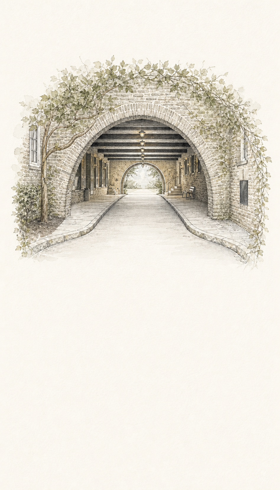 Watercolor illustration of the ivy-covered arched drive at Longue Vue Club